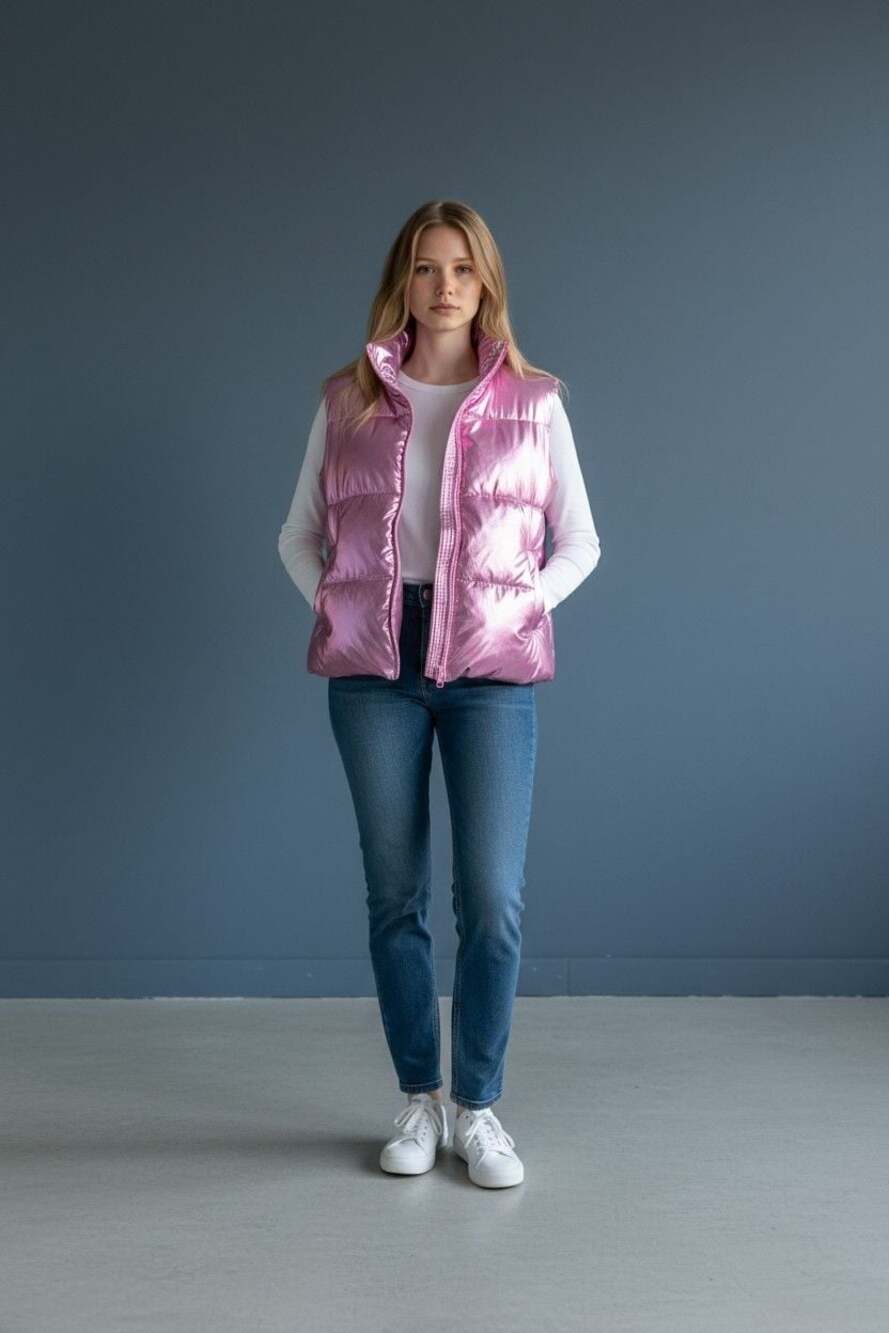 No Boundaries Pink Metallic Quilted Puffer Vest